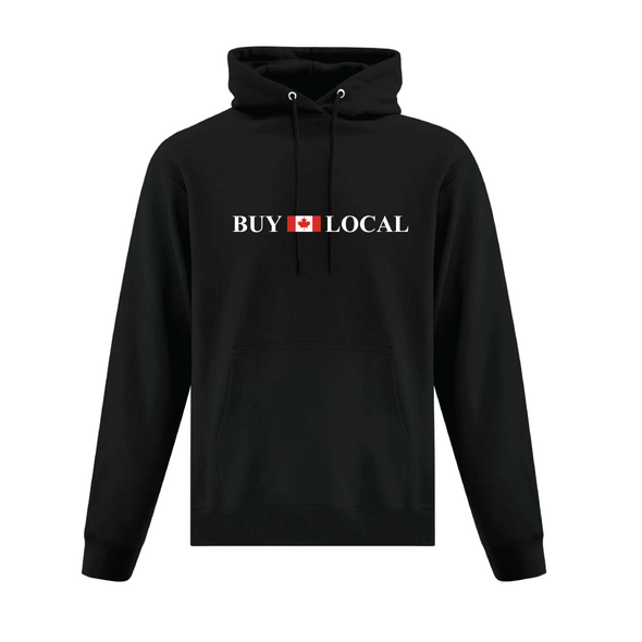 Black hooded sweatshirt featuring Buy local and the canadian flag