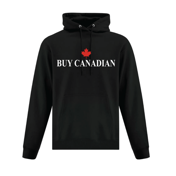 Buy Canadian black hooded sweatshirt featuring the red maple leaf