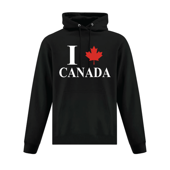 I Love Canada black graphic hooded sweatshirt with red maple leaf