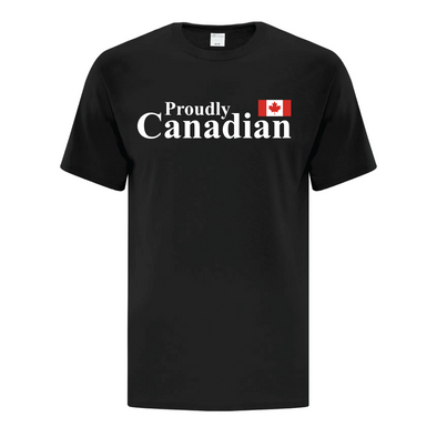 Proudly Canadian black graphic tee with the Canadian flag