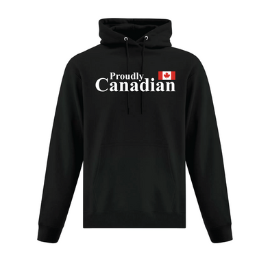 Produly Canadian black graphic hooded sweatshirt featuring the Canadian flag