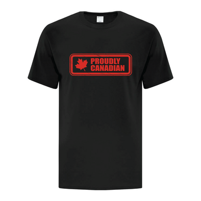 Proudly Canadian black graphic tee with maple leaf in red rectangle