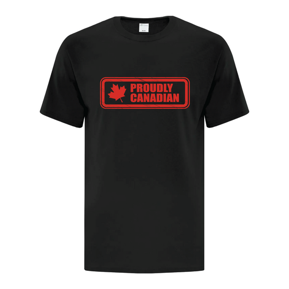 Proudly Canadian black graphic tee with maple leaf in red rectangle