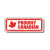 Proudly Canadian rectangle sticker featuring a red border and the maple leaf.