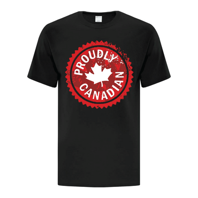 Proudly Canadian featuring the maple leaf in white