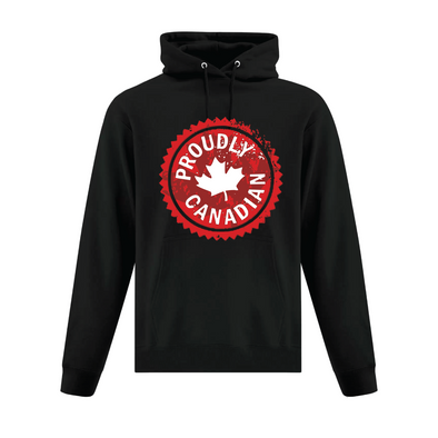 Proudly Canadian with white maple leaf on a black hooded sweatshirt by Custom TShirts Canada by Printwell