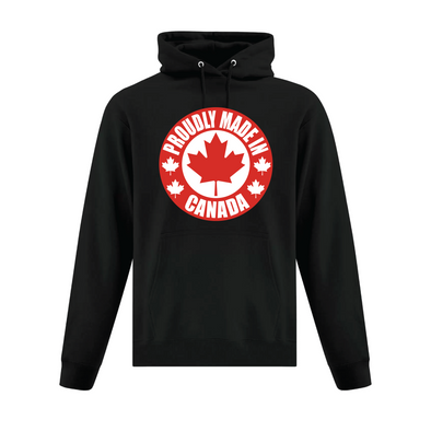 Proudly made in Canada graphic black hooded sweatshirt with red maple leaf 