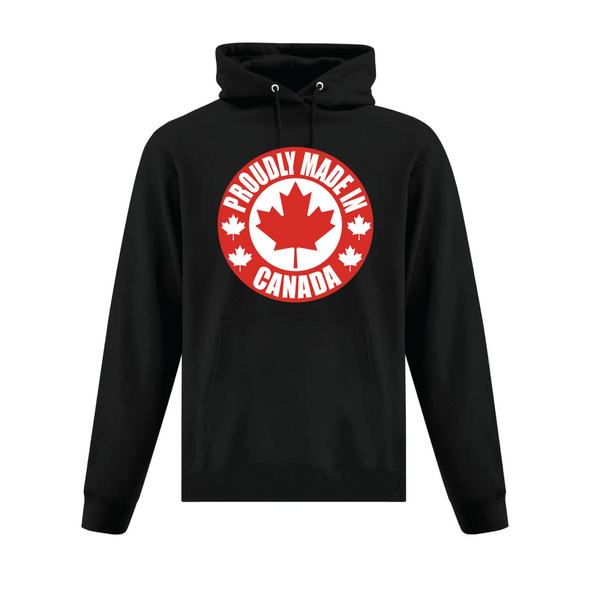 Proudly made in Canada graphic black hooded sweatshirt with red maple leaf 