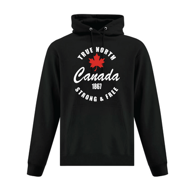 True north strong & free black hooded sweatshirt featuring a red maple leaf