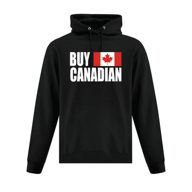 Black hooded sweatshirt featuring Buy Canadian with Canadian flag