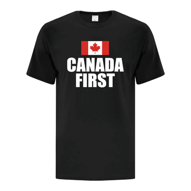 Canada First black graphic tee featuring the Canadian flag