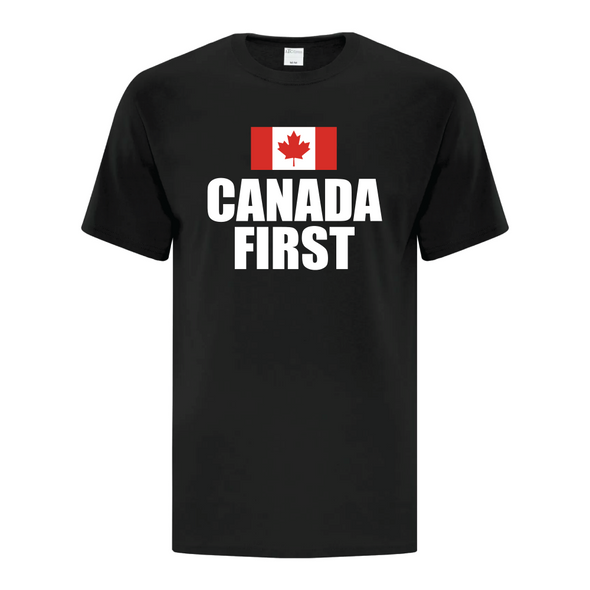 Canada First black graphic tee featuring the Canadian flag