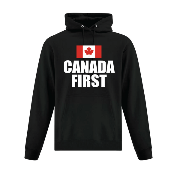 Black hooded sweatshirt featuring Canada First and Canadian flag design from Custom TShirts Canada by Printwell