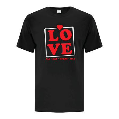 Love all day every day black tshirt with red letters