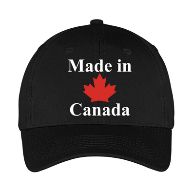 Made in Canada black ball cap with red maple leaf